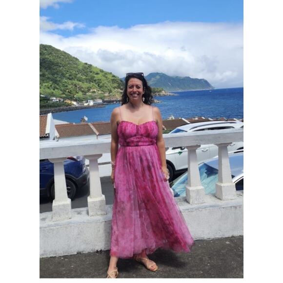 ML MONIQUE LHUILLIER Pink Floral Tulle Sweetheart Neckline A-Line Dress Size 14 - Picture 6 of 13